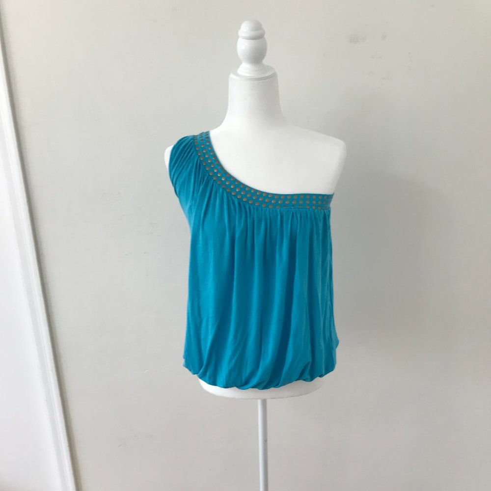 Tart One-shoulder Embellished Trim Teal Top